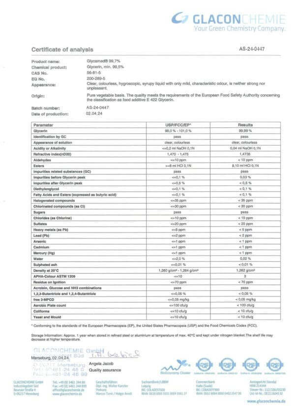 Глицерин 99,7% пищевой Glaconchemie GmbH